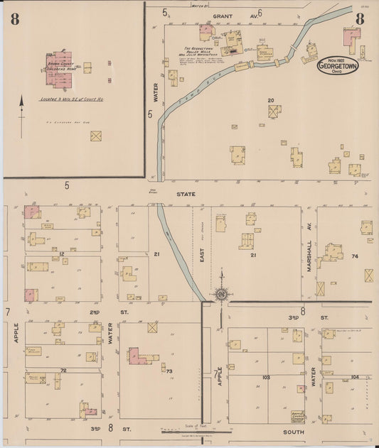 Sanborn Fire Insurance Map from Georgetown, Brown County, Ohio (1922), Sheet #0008 - Historic Sanborn Fire Insurance Map Print, vintage old map wall art, antique decor, genealogy gift, Ohio Ohio map
