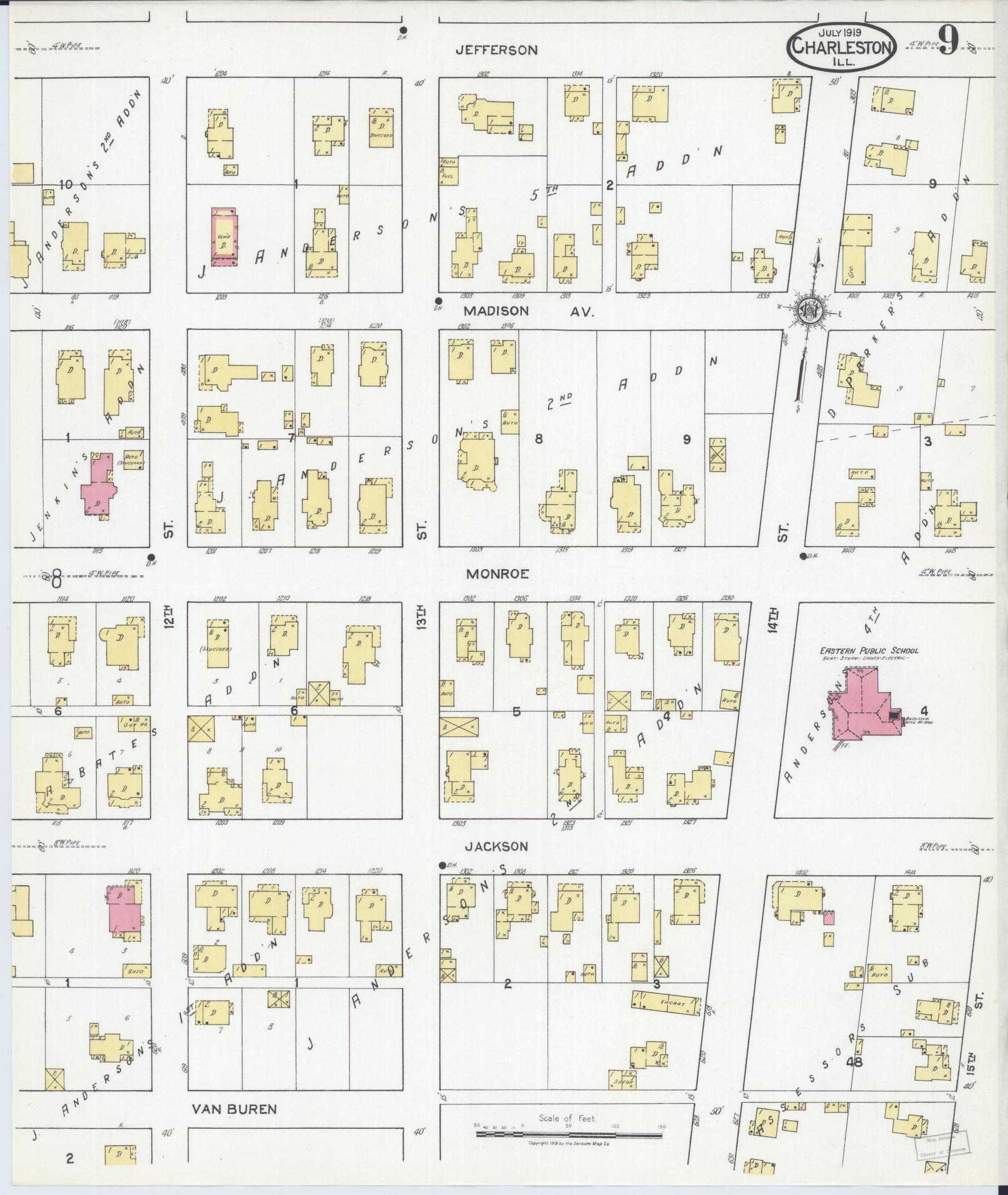 Sanborn Fire Insurance Map from Charleston, Coles County, Illinois (1919), Sheet #0009 - Complete Map Set gallery image, historic Sanborn map, vintage wall art, Illinois Illinois