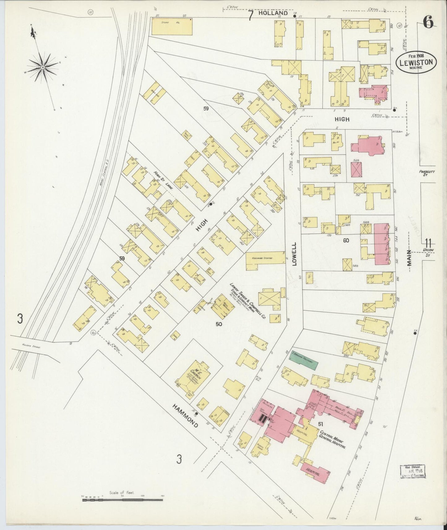 Sanborn Fire Insurance Map from Lewiston, Androscoggin County, Maine (1908), Sheet #0006 - Complete Map Set gallery image, historic Sanborn map, vintage wall art, Maine Maine