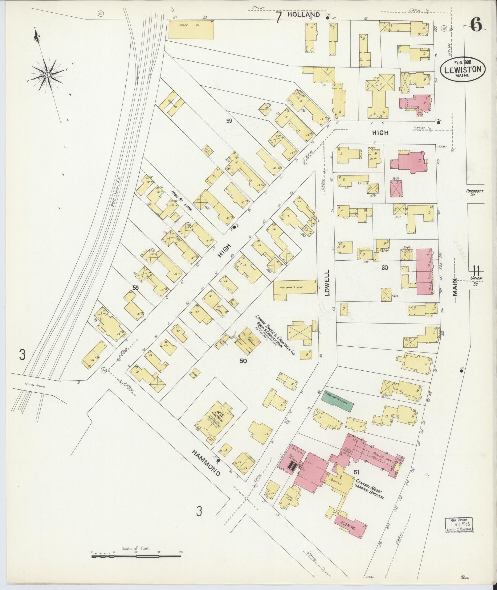 Sanborn Fire Insurance Map from Lewiston, Androscoggin County, Maine (1908), Sheet #0006 - Complete Map Set gallery image, historic Sanborn map, vintage wall art, Maine Maine