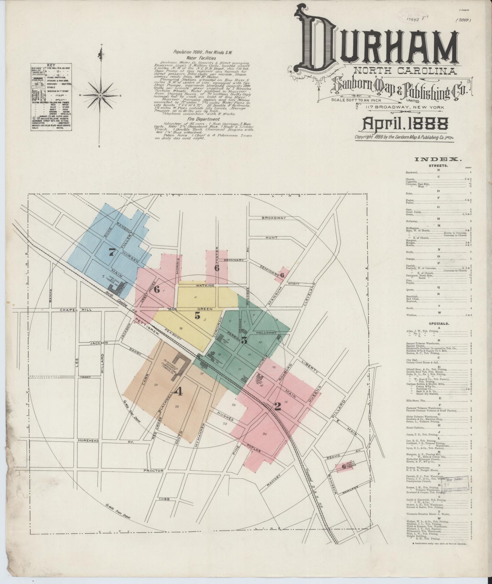 Sanborn Fire Insurance Map from Durham, Durham County, North Carolina (1888), Sheet #0001 - Historic Sanborn Fire Insurance Map Print, vintage old map wall art, antique decor, genealogy gift, North Carolina North Carolina map