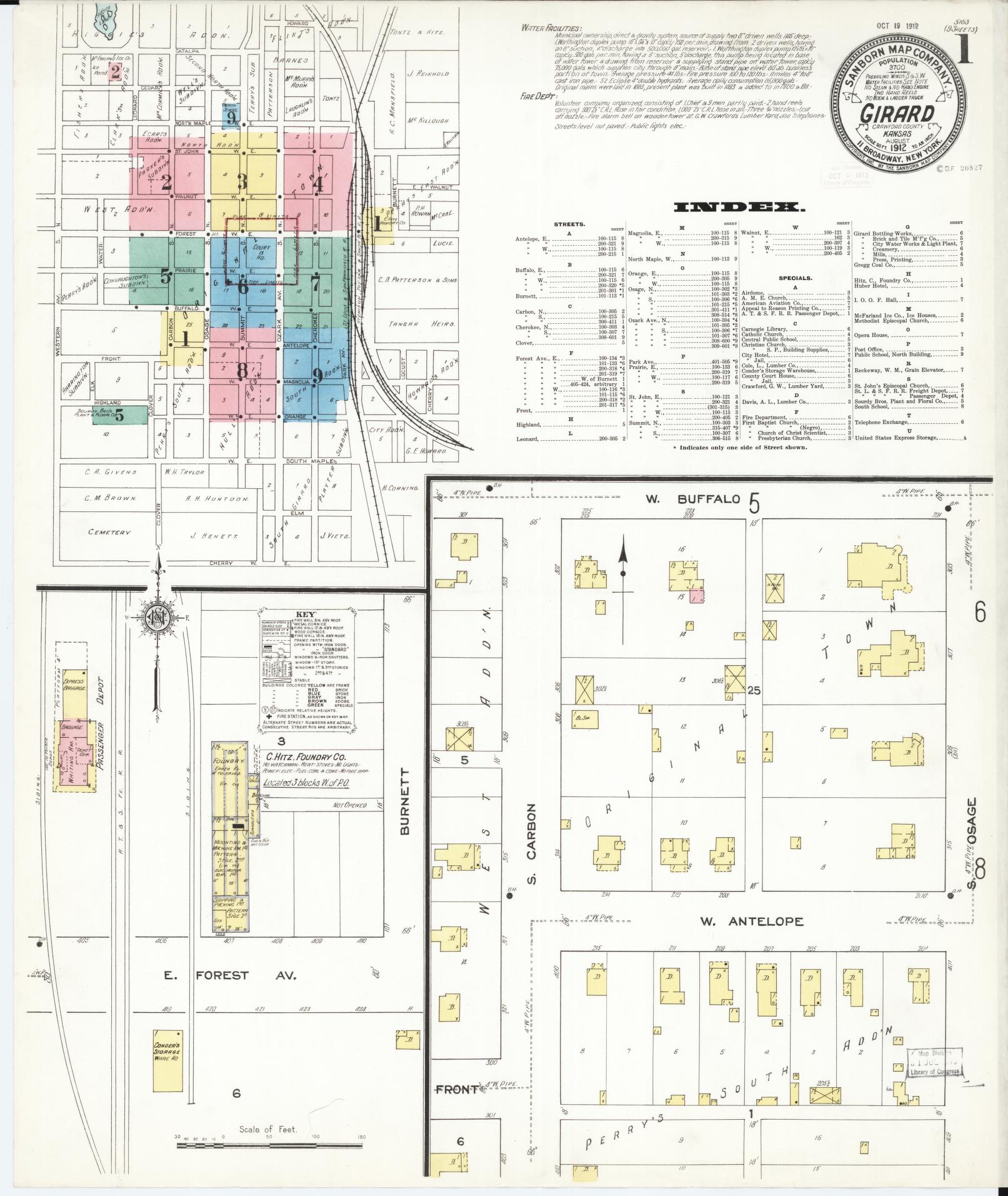 Sanborn Fire Insurance Map from Girard, Crawford County, Kansas (1912), Sheet #0001 - Complete Map Set gallery image, historic Sanborn map, vintage wall art, Kansas Kansas