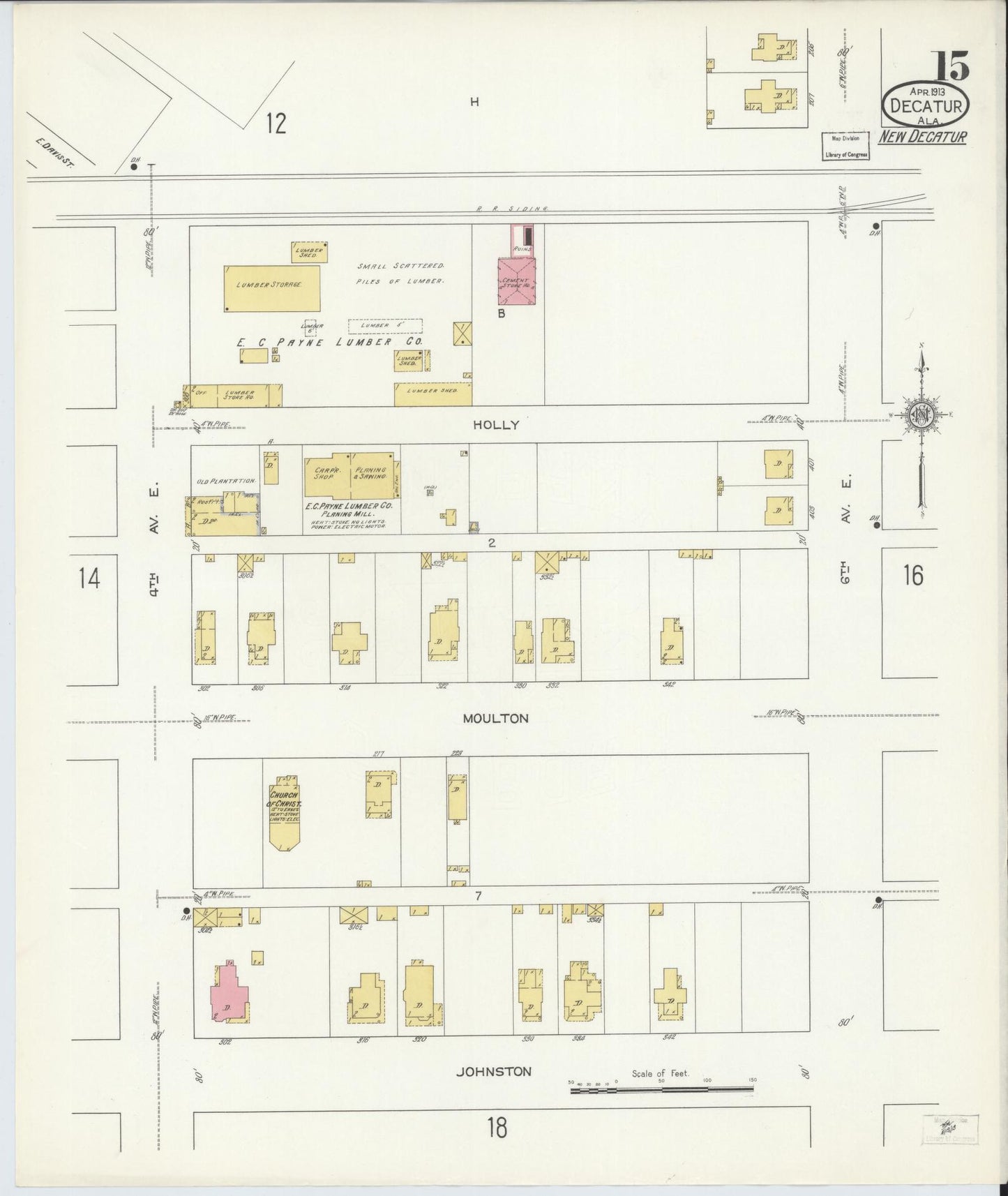 Sanborn Fire Insurance Map from Decatur, Morgan County, Alabama (1913), Sheet #0015 - Historic Sanborn Fire Insurance Map Print, vintage old map wall art, antique decor, genealogy gift, Alabama Alabama map