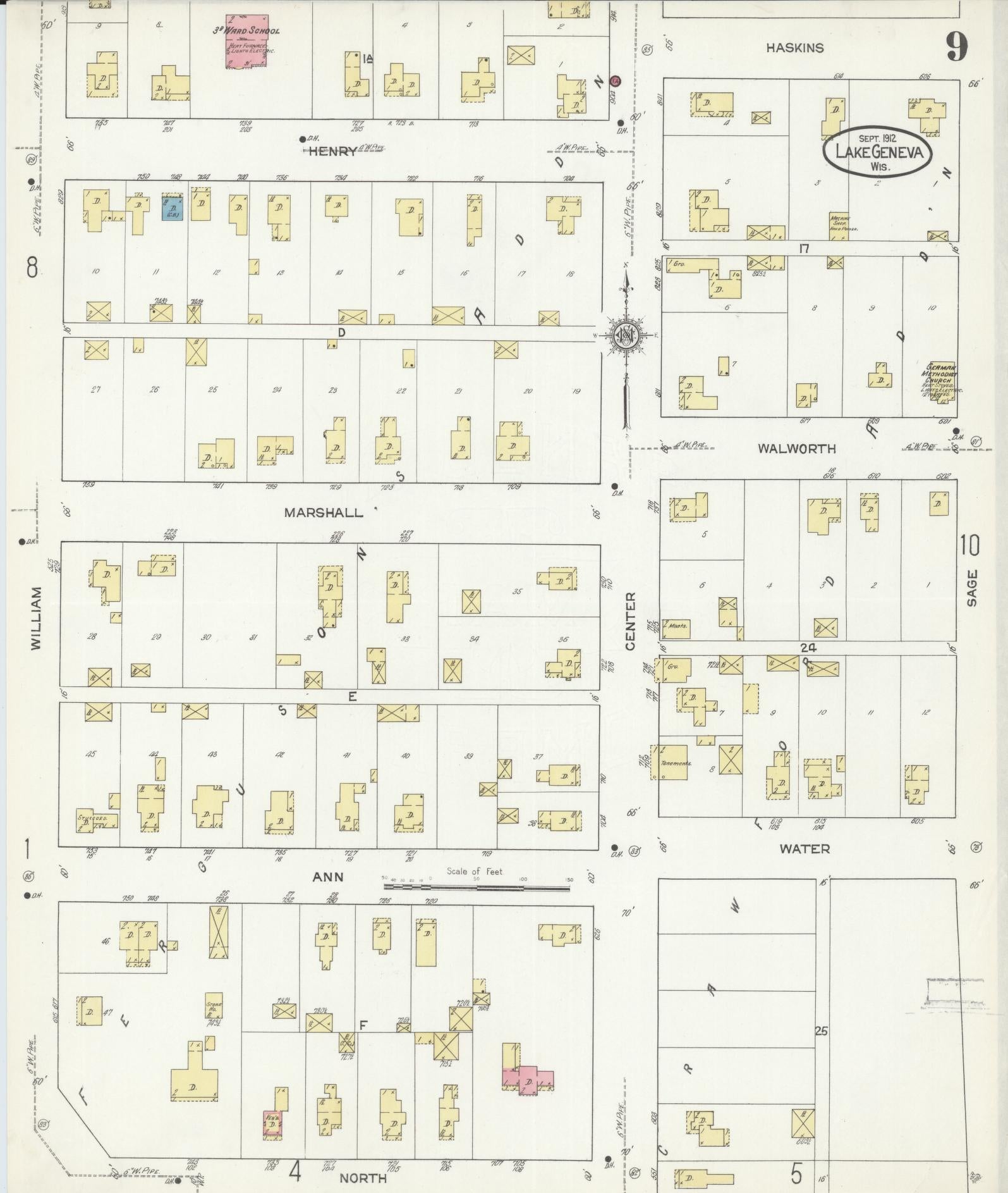 Sanborn Fire Insurance Map from Lake Geneva, Walworth County, Wisconsin (1912), Sheet #0009 - Historic Sanborn Fire Insurance Map Print, vintage old map wall art, antique decor, genealogy gift, Wisconsin Wisconsin map