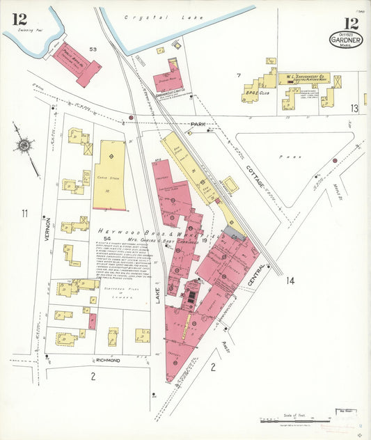 Sanborn Fire Insurance Map from Gardner, Worcester County, Massachusetts (1923), Sheet #0012 - Historic Sanborn Fire Insurance Map Print, vintage old map wall art, antique decor, genealogy gift, Massachusetts Massachusetts map