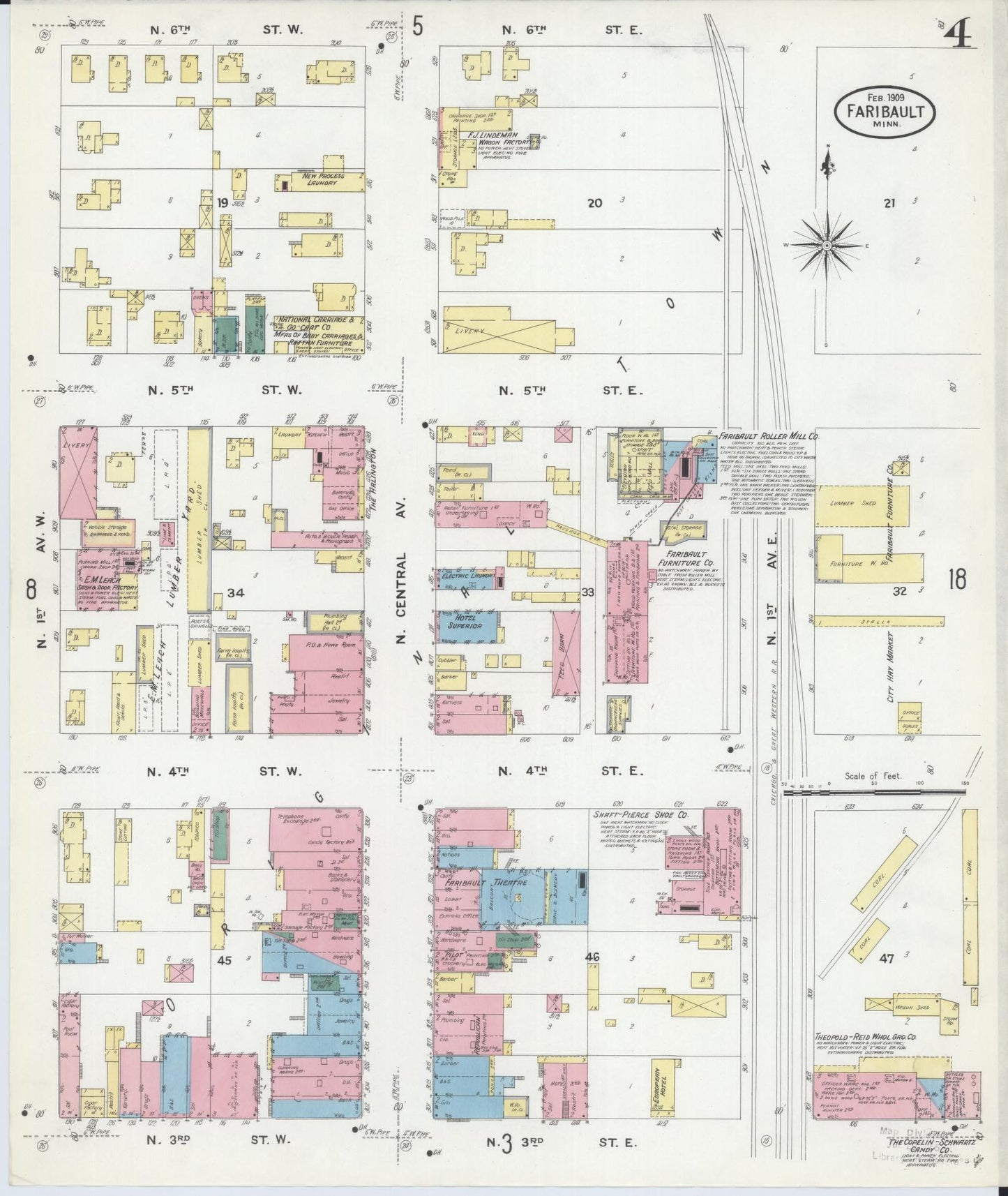 Sanborn Fire Insurance Map from Faribault, Rice County, Minnesota (1909), Sheet #0004 - Historic Sanborn Fire Insurance Map Print, vintage old map wall art, antique decor, genealogy gift, Minnesota Minnesota map