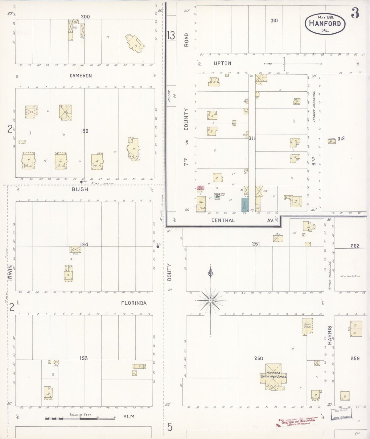 Sanborn Fire Insurance Map from Hanford, Kings County, California (1898), Sheet #0003 - Complete Map Set gallery image, historic Sanborn map, vintage wall art, California California