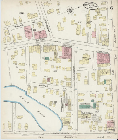 Sanborn Fire Insurance Map from Brockton, Plymouth County, Massachusetts (1885), Sheet #0006 - Historic Sanborn Fire Insurance Map Print, vintage old map wall art, antique decor, genealogy gift, Massachusetts Massachusetts map