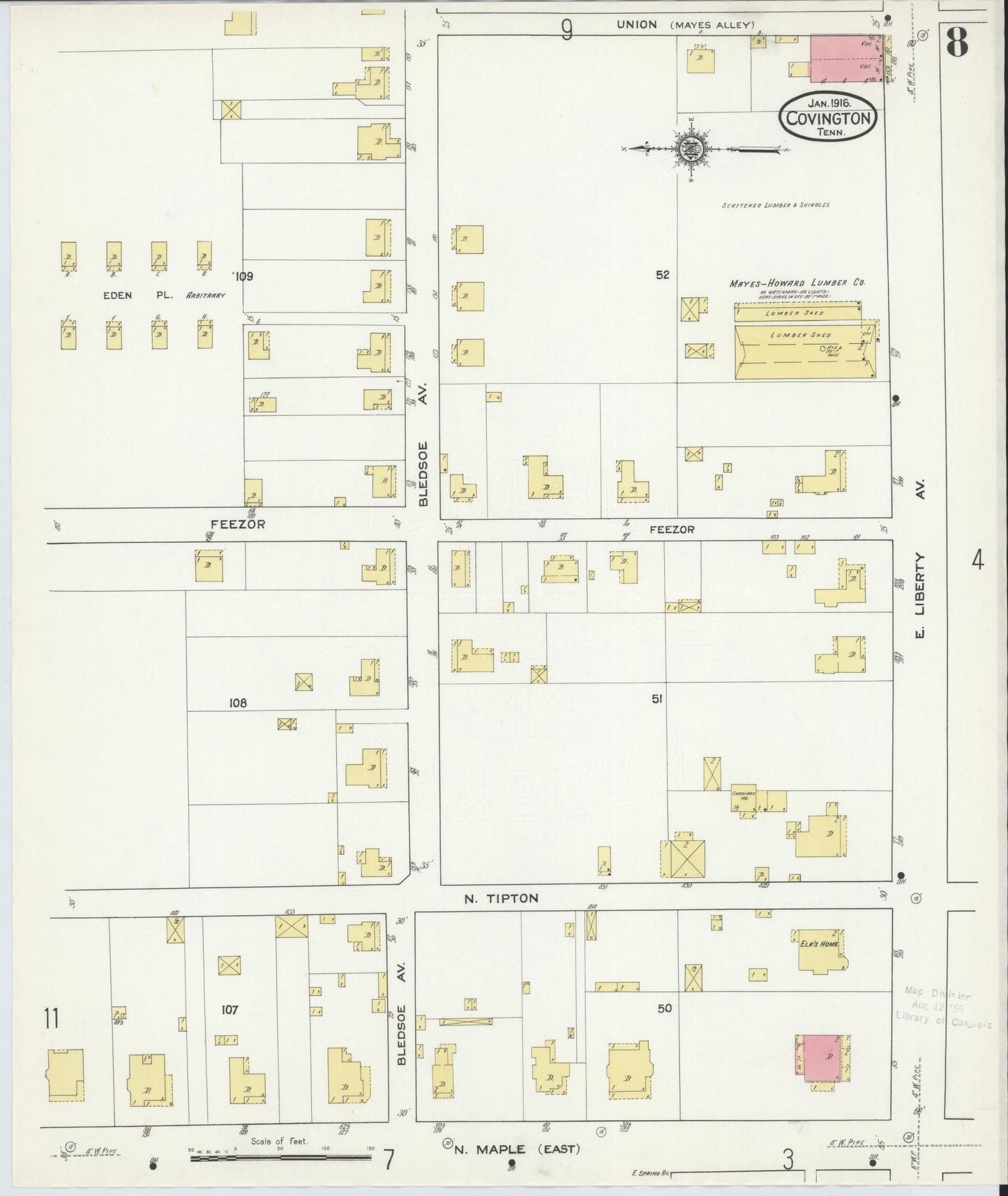 Sanborn Fire Insurance Map from Covington, Tipton County, Tennessee (1916), Sheet #0008 - Historic Sanborn Fire Insurance Map Print, vintage old map wall art, antique decor, genealogy gift, Tennessee Tennessee map