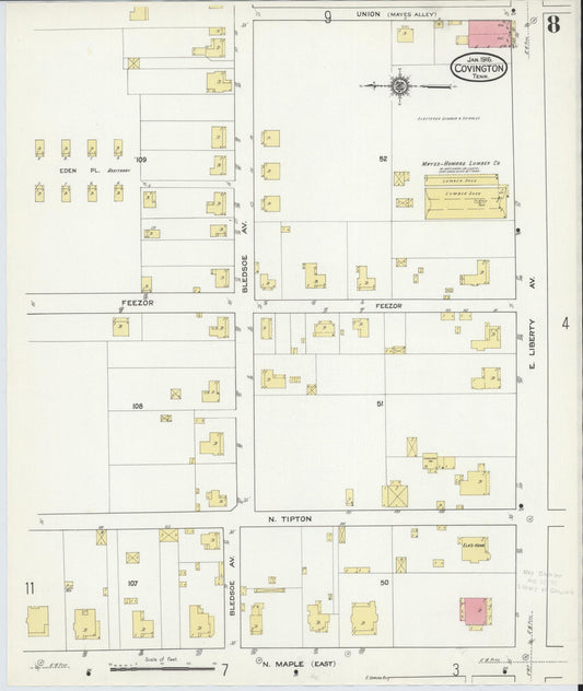 Sanborn Fire Insurance Map from Covington, Tipton County, Tennessee (1916), Sheet #0008 - Historic Sanborn Fire Insurance Map Print, vintage old map wall art, antique decor, genealogy gift, Tennessee Tennessee map