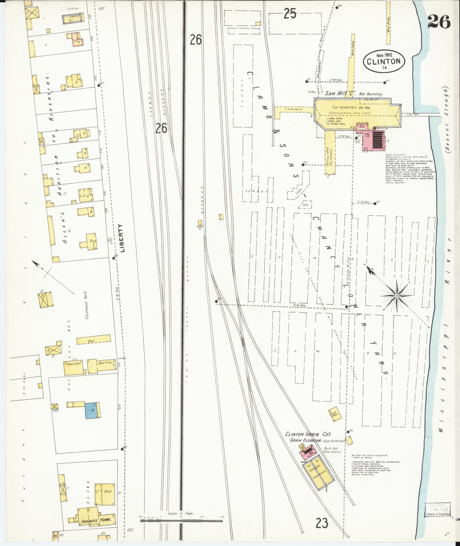 Sanborn Fire Insurance Map from Clinton, Clinton County, Iowa (1902), Sheet #0026 - Historic Sanborn Fire Insurance Map Print, vintage old map wall art