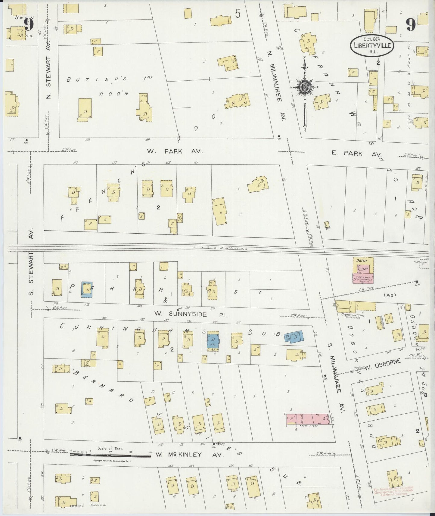 Sanborn Fire Insurance Map from Libertyville, Lake County, Illinois (1924), Sheet #0009 - Historic Sanborn Fire Insurance Map Print, vintage old map wall art, antique decor, genealogy gift, Illinois Illinois map