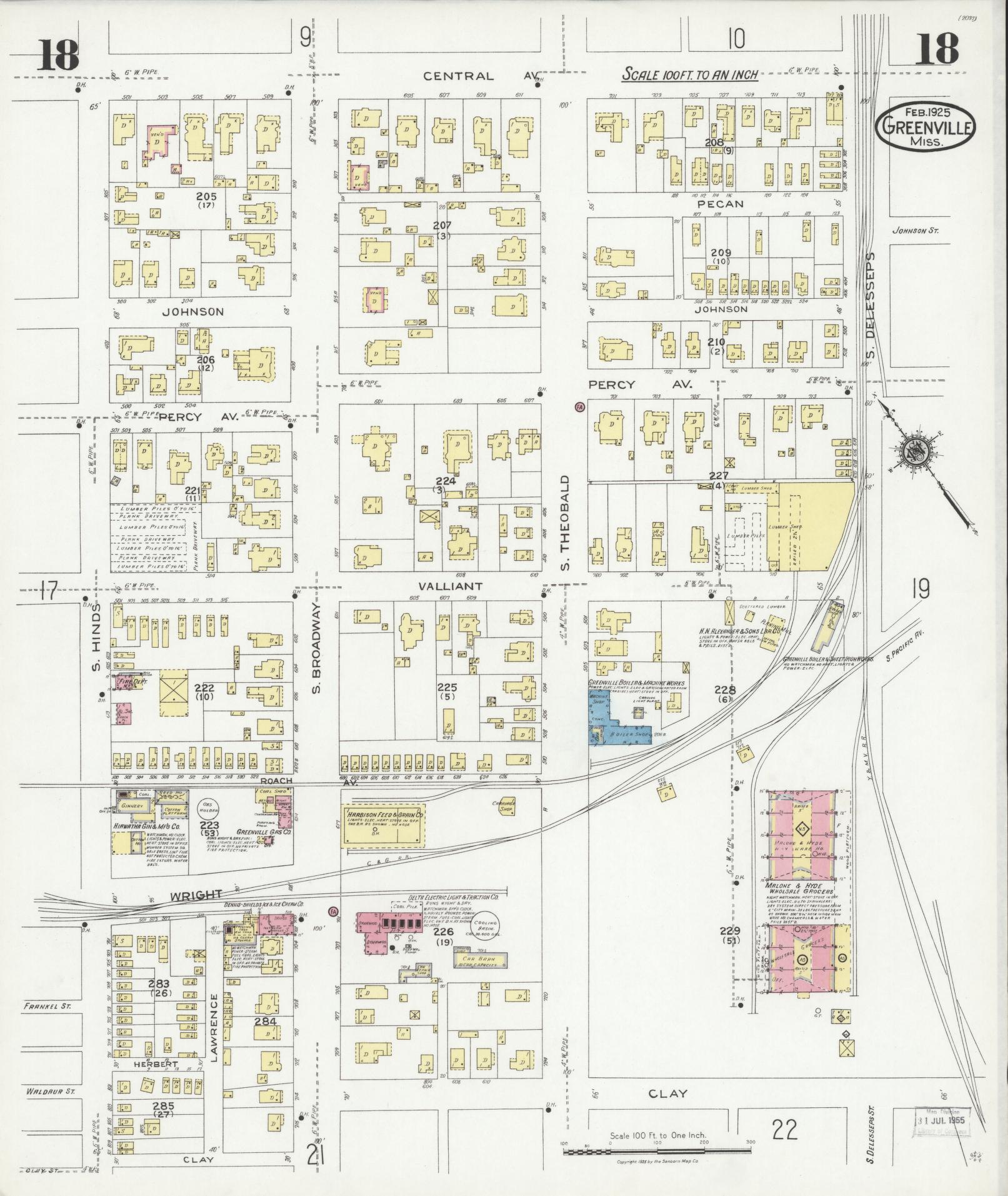 Sanborn Fire Insurance Map from Greenville, Washington County, Mississippi (1925), Sheet #0018 - Historic Sanborn Fire Insurance Map Print, vintage old map wall art, antique decor, genealogy gift, Mississippi Mississippi map