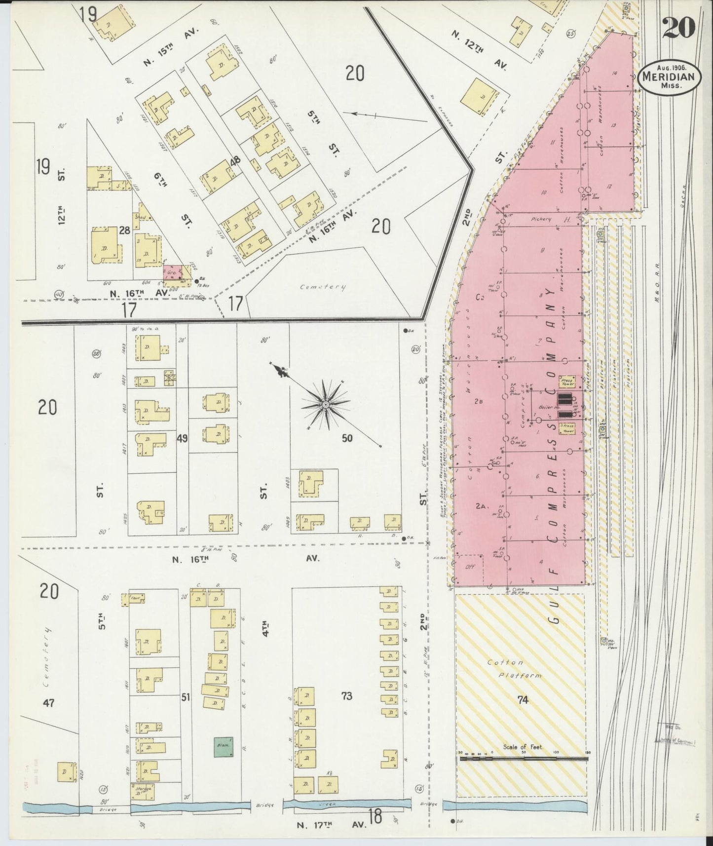 Sanborn Fire Insurance Map from Meridian, Lauderdale County, Mississippi (1906), Sheet #0020 - Complete Map Set gallery image, historic Sanborn map, vintage wall art, Mississippi Mississippi