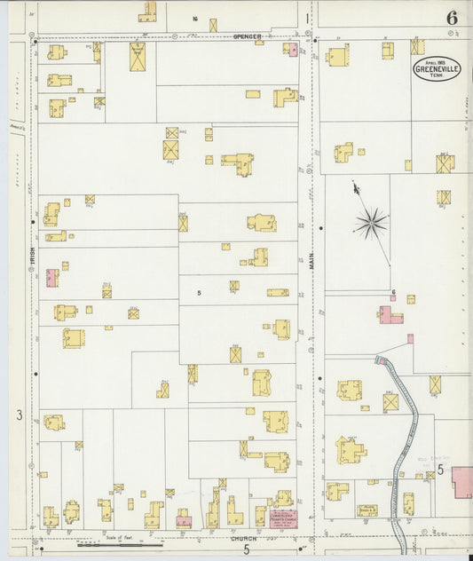 Sanborn Fire Insurance Map from Greeneville, Greene County, Tennessee (1903), Sheet #0006 - Historic Sanborn Fire Insurance Map Print, vintage old map wall art, antique decor, genealogy gift, Tennessee Tennessee map