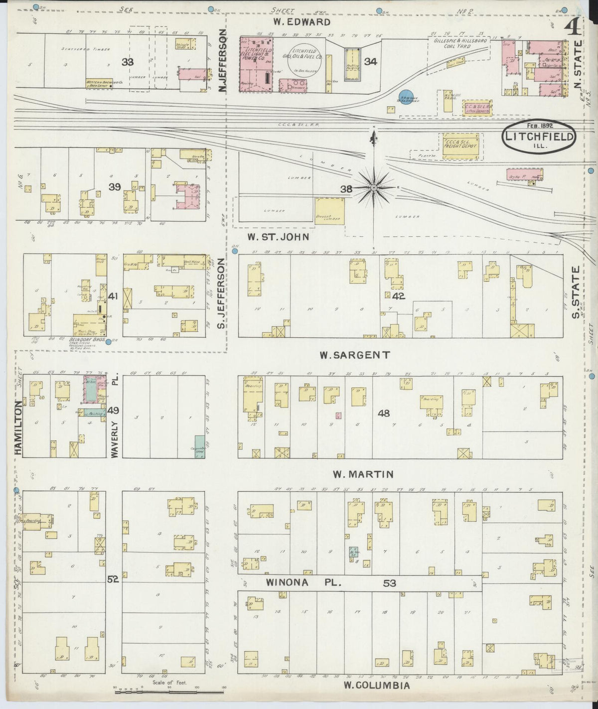 Sanborn Fire Insurance Map from Litchfield, Montgomery County, Illinois (1892), Sheet #0004 - Complete Map Set gallery image, historic Sanborn map, vintage wall art, Illinois Illinois