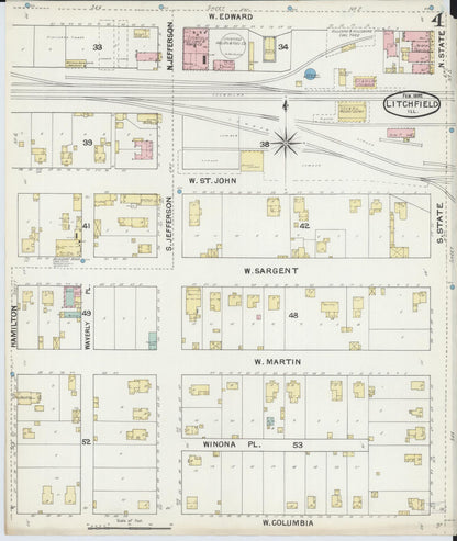 Sanborn Fire Insurance Map from Litchfield, Montgomery County, Illinois (1892), Sheet #0004 - Complete Map Set gallery image, historic Sanborn map, vintage wall art, Illinois Illinois