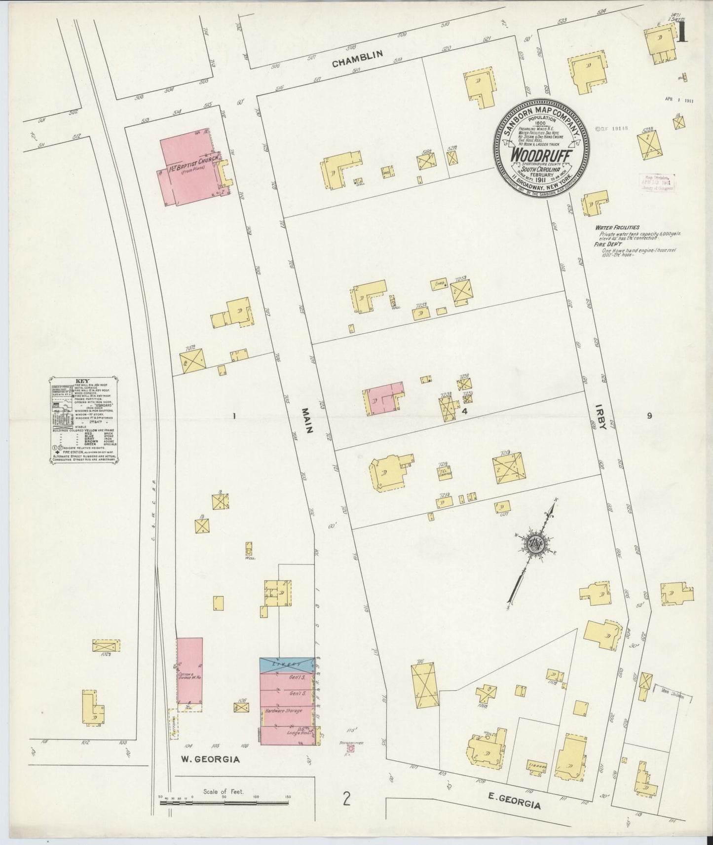Sanborn Fire Insurance Map from Woodruff, Spartanburg County, South Carolina (1911), Sheet #0001 - Complete Map Set gallery image, historic Sanborn map, vintage wall art, South Carolina South Carolina