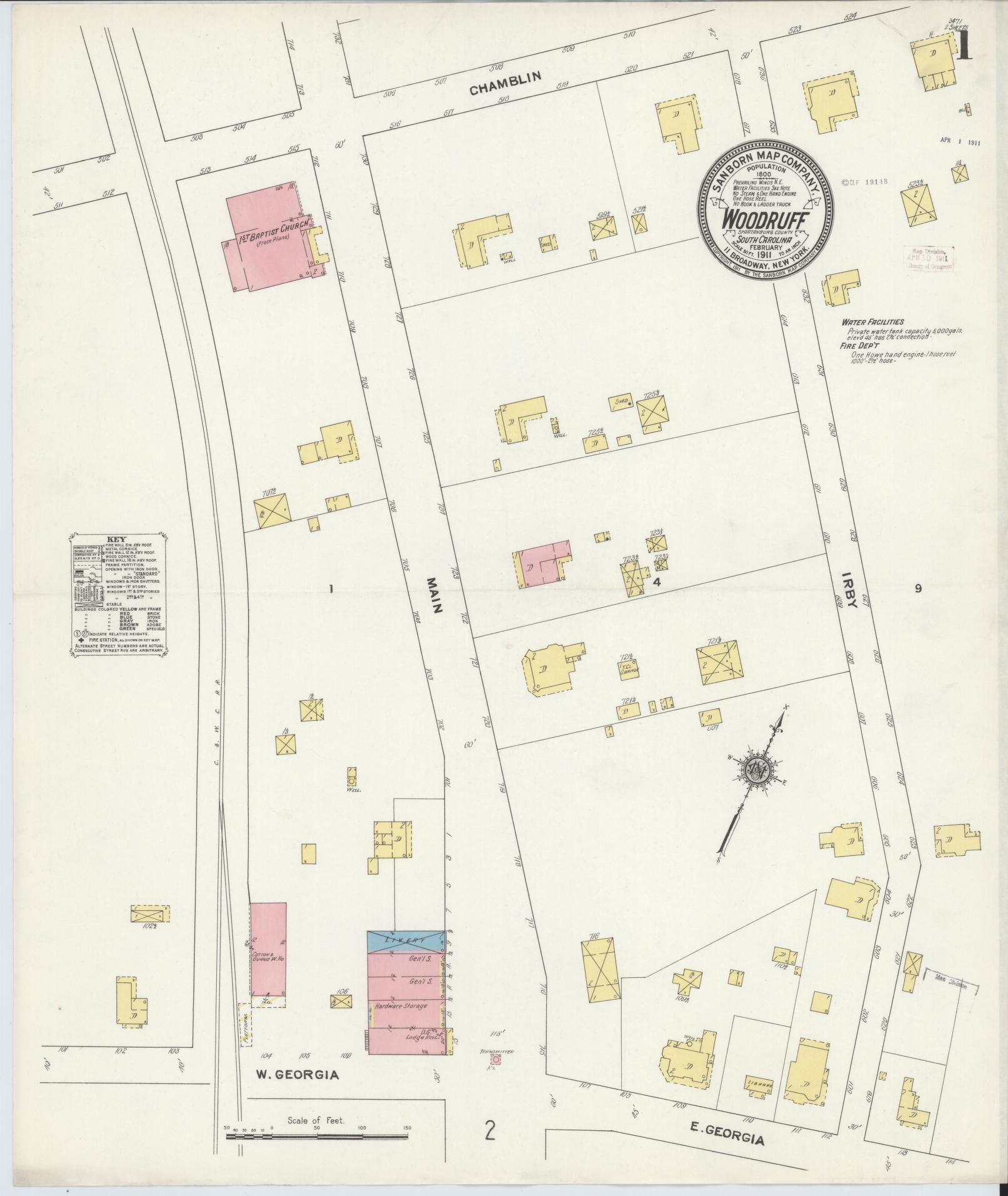 Sanborn Fire Insurance Map from Woodruff, Spartanburg County, South Carolina (1911), Sheet #0001 - Complete Map Set gallery image, historic Sanborn map, vintage wall art, South Carolina South Carolina