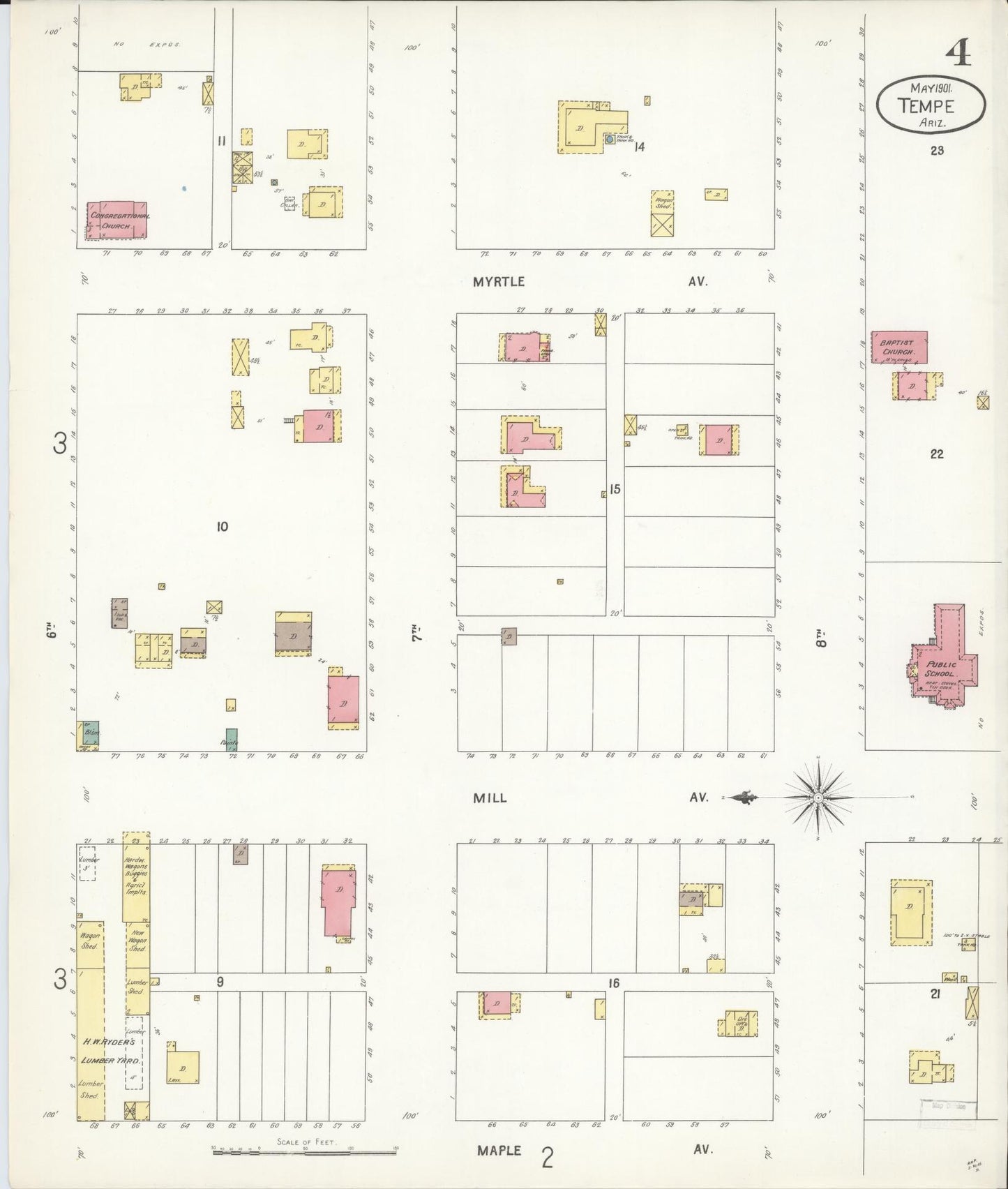 Sanborn Fire Insurance Map from Tempe, Maricopa County, Arizona (1901), Sheet #0004 - Historic Sanborn Fire Insurance Map Print, vintage old map wall art, antique decor, genealogy gift, Arizona Arizona map