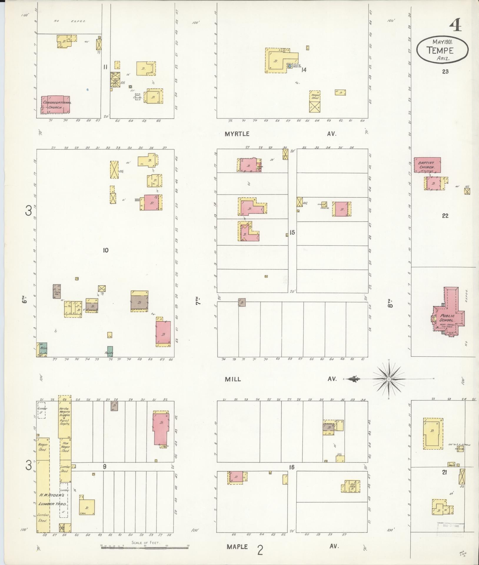 Sanborn Fire Insurance Map from Tempe, Maricopa County, Arizona (1901), Sheet #0004 - Historic Sanborn Fire Insurance Map Print, vintage old map wall art, antique decor, genealogy gift, Arizona Arizona map
