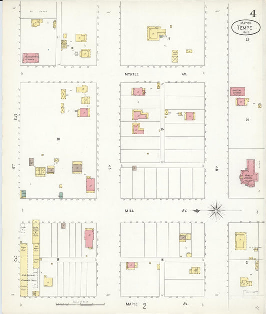 Sanborn Fire Insurance Map from Tempe, Maricopa County, Arizona (1901), Sheet #0004 - Historic Sanborn Fire Insurance Map Print, vintage old map wall art, antique decor, genealogy gift, Arizona Arizona map