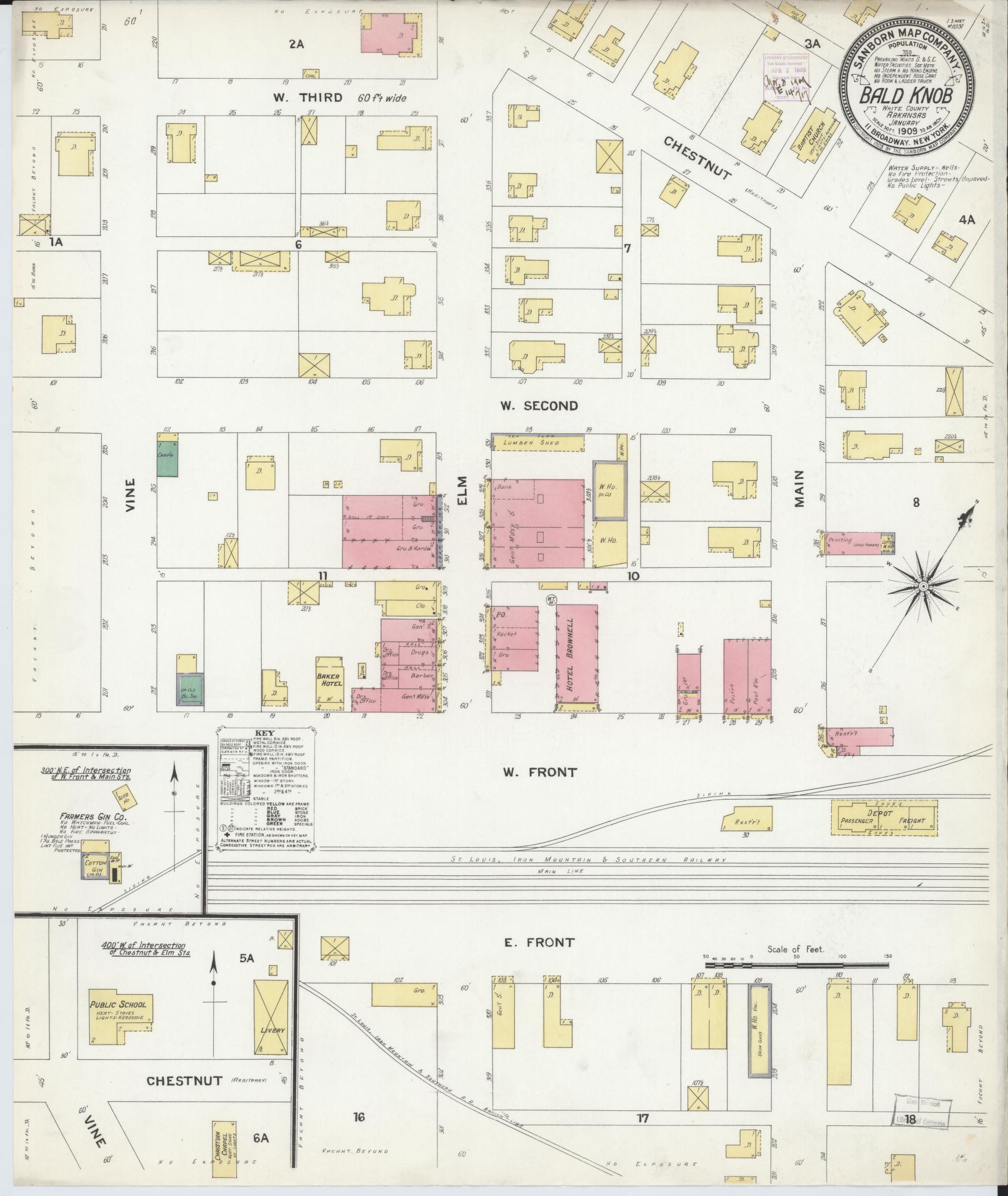 Sanborn Fire Insurance Map from Bald Knob, White County, Arkansas (1909), Sheet #0001 - Historic Sanborn Fire Insurance Map Print, vintage old map wall art, antique decor, genealogy gift, Arkansas Arkansas map
