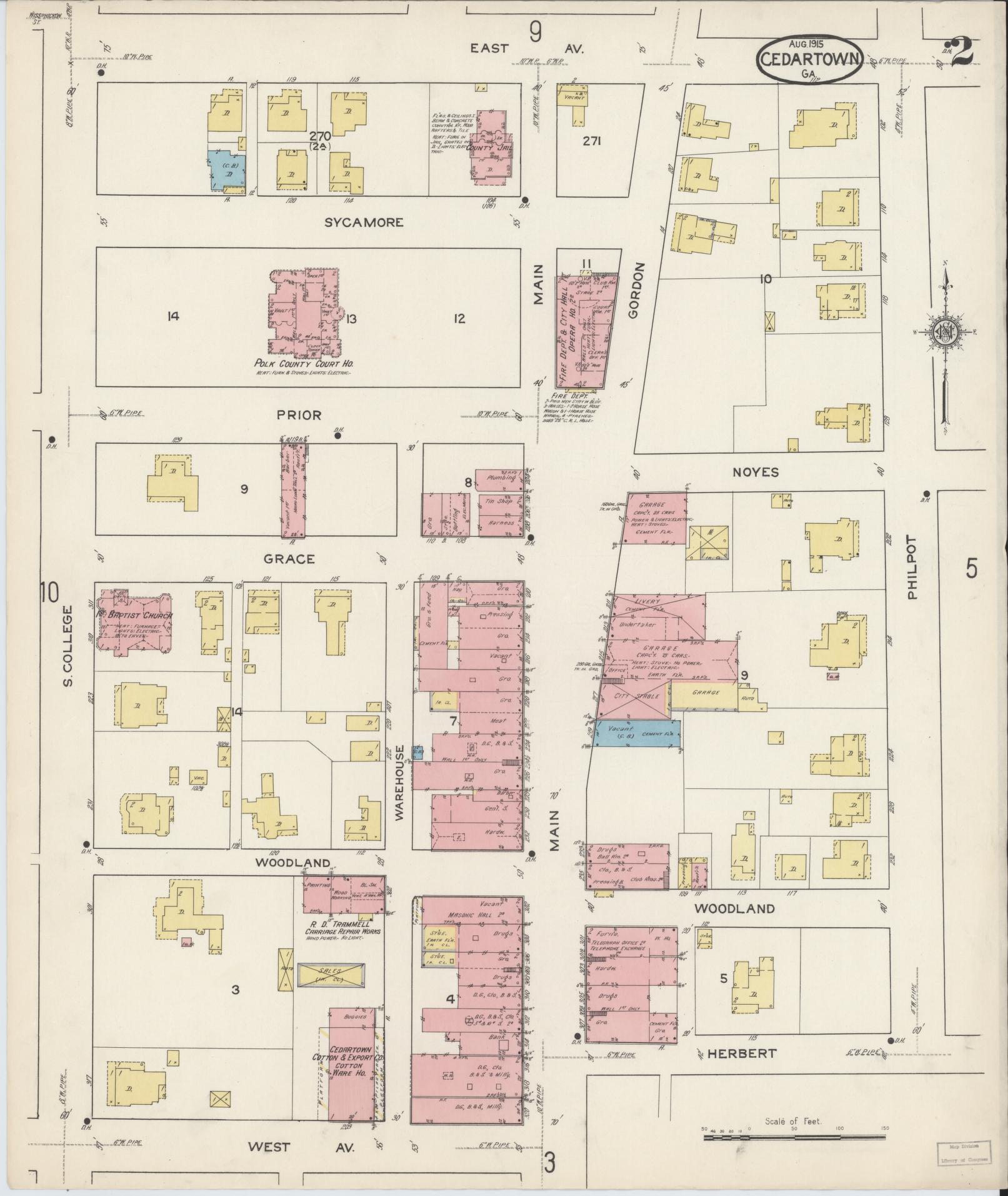 Sanborn Fire Insurance Map from Cedartown, Polk County, Georgia (1915), Sheet #0002 - Historic Sanborn Fire Insurance Map Print, vintage old map wall art, antique decor, genealogy gift, Georgia Georgia map