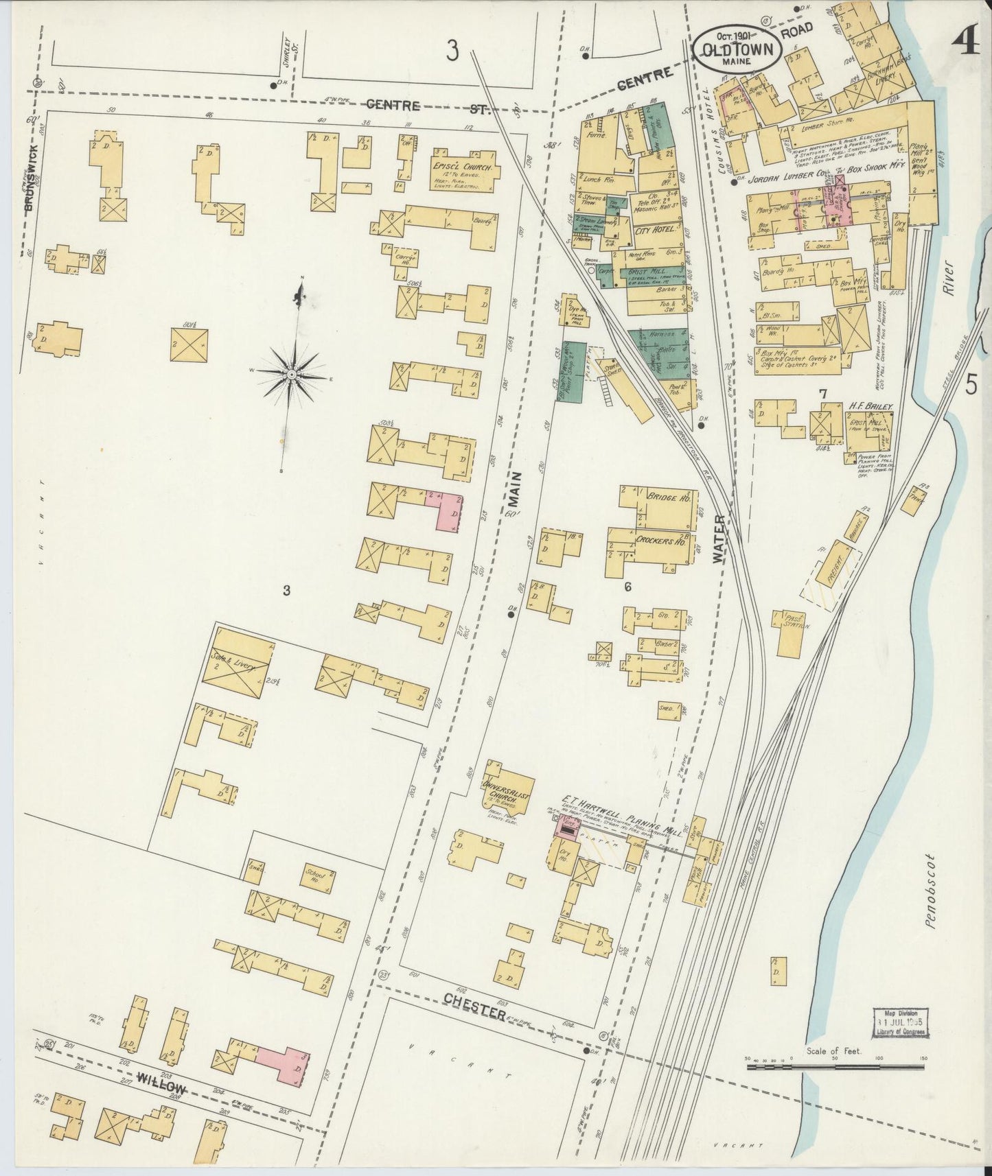 Sanborn Fire Insurance Map from Old Town, Penobscot County, Maine (1901), Sheet #0004 - Complete Map Set gallery image, historic Sanborn map, vintage wall art, Maine Maine