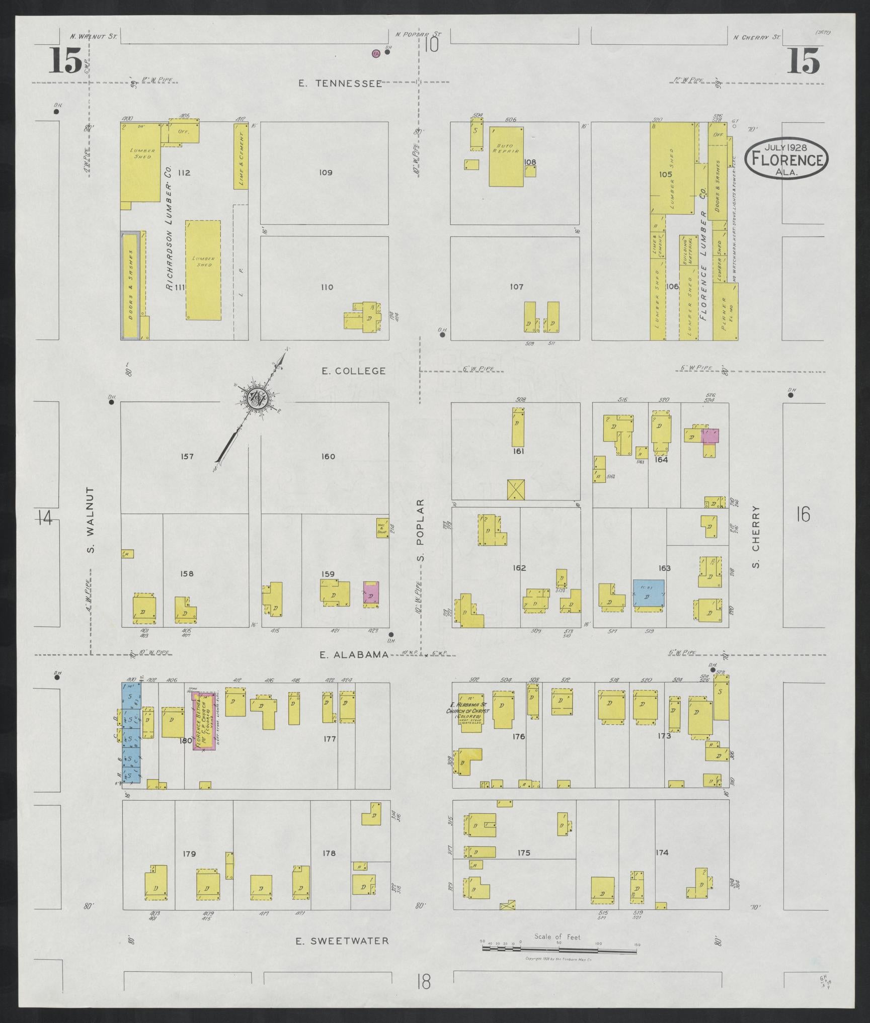 Sanborn Fire Insurance Map from Florence, Lauderdale County, Alabama (1928), Sheet #0015 - Historic Sanborn Fire Insurance Map Print, vintage old map wall art, antique decor, genealogy gift, Alabama Alabama map