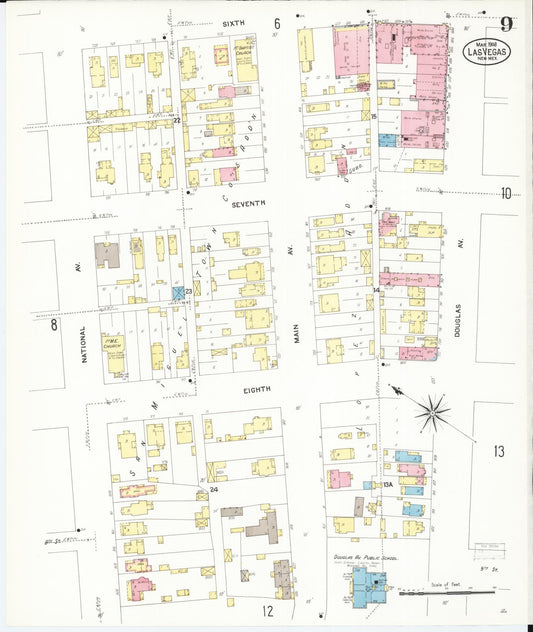 Sanborn Fire Insurance Map from Las Vegas, San Miguel County, New Mexico (1908), Sheet #0009 - Historic Sanborn Fire Insurance Map Print, vintage old map wall art, antique decor, genealogy gift, New Mexico New Mexico map