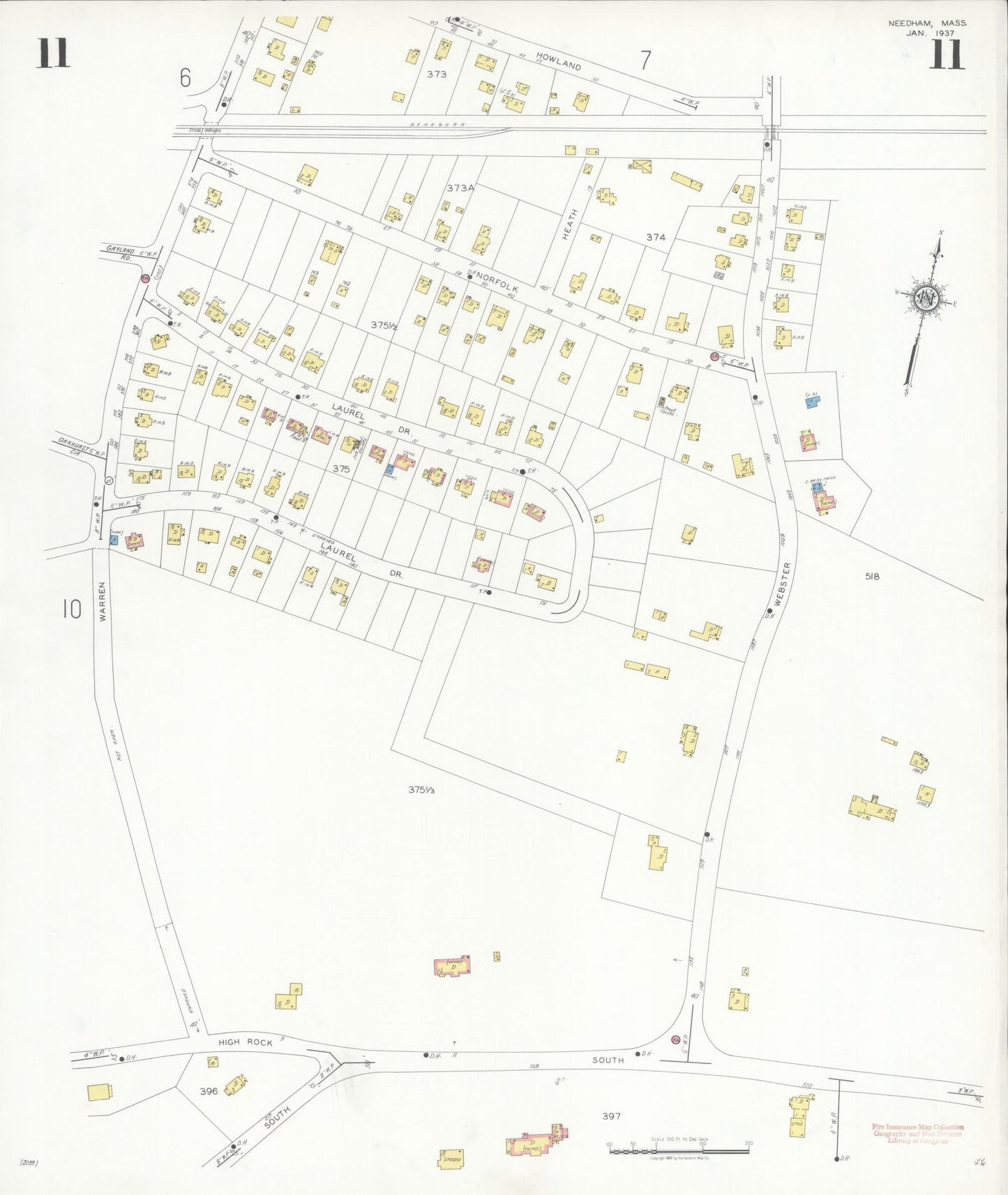 Sanborn Fire Insurance Map from Needham, Norfolk County, Massachusetts (1937), Sheet #0011 - Historic Sanborn Fire Insurance Map Print, vintage old map wall art, antique decor, genealogy gift, Massachusetts Massachusetts map
