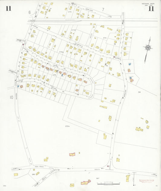 Sanborn Fire Insurance Map from Needham, Norfolk County, Massachusetts (1937), Sheet #0011 - Historic Sanborn Fire Insurance Map Print, vintage old map wall art, antique decor, genealogy gift, Massachusetts Massachusetts map
