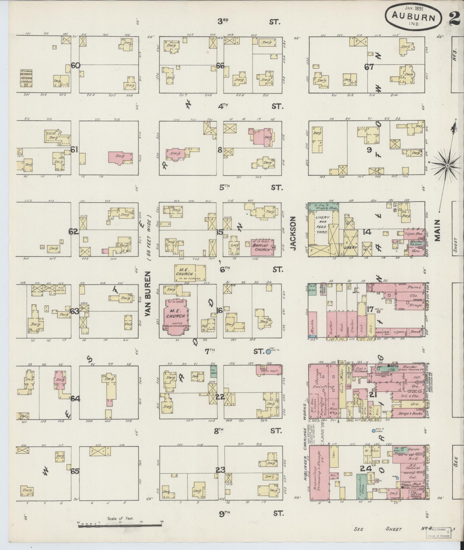 Sanborn Fire Insurance Map from Auburn, De Kalb County, Indiana (1891), Sheet #0002 - Historic Sanborn Fire Insurance Map Print, vintage old map wall art, antique decor, genealogy gift, Indiana Indiana map