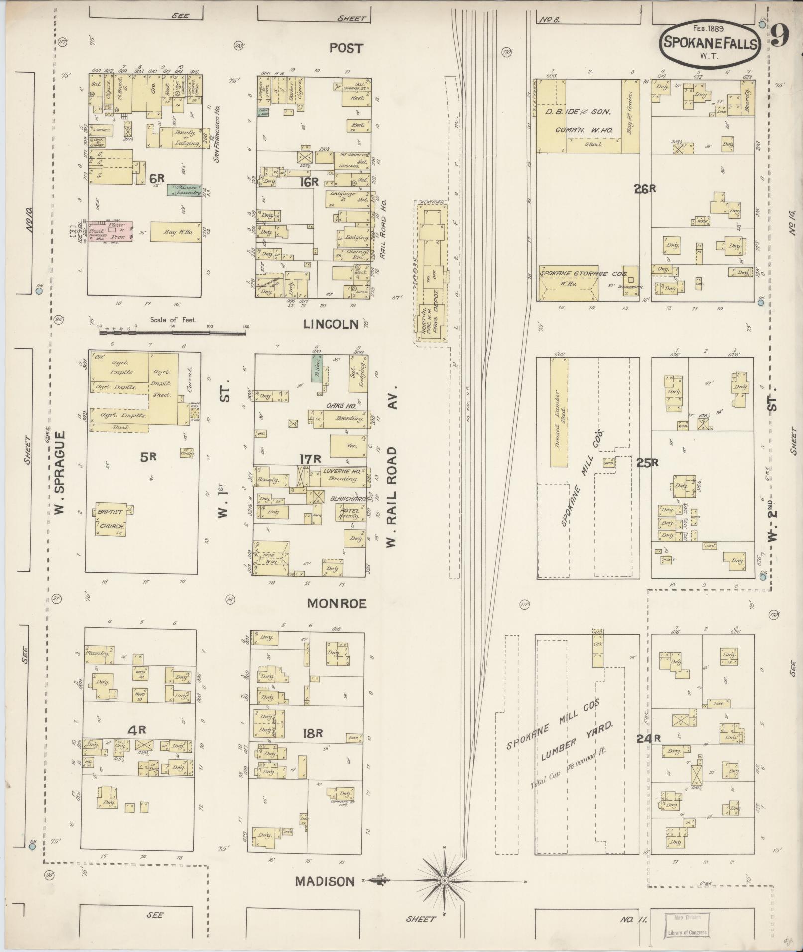 Sanborn Fire Insurance Map from Spokane, Spokane County, Washington (1889), Sheet #0009 - Historic Sanborn Fire Insurance Map Print, vintage old map wall art, antique decor, genealogy gift, Washington Washington map