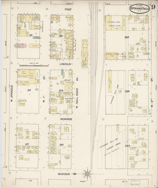 Sanborn Fire Insurance Map from Spokane, Spokane County, Washington (1889), Sheet #0009 - Historic Sanborn Fire Insurance Map Print, vintage old map wall art, antique decor, genealogy gift, Washington Washington map