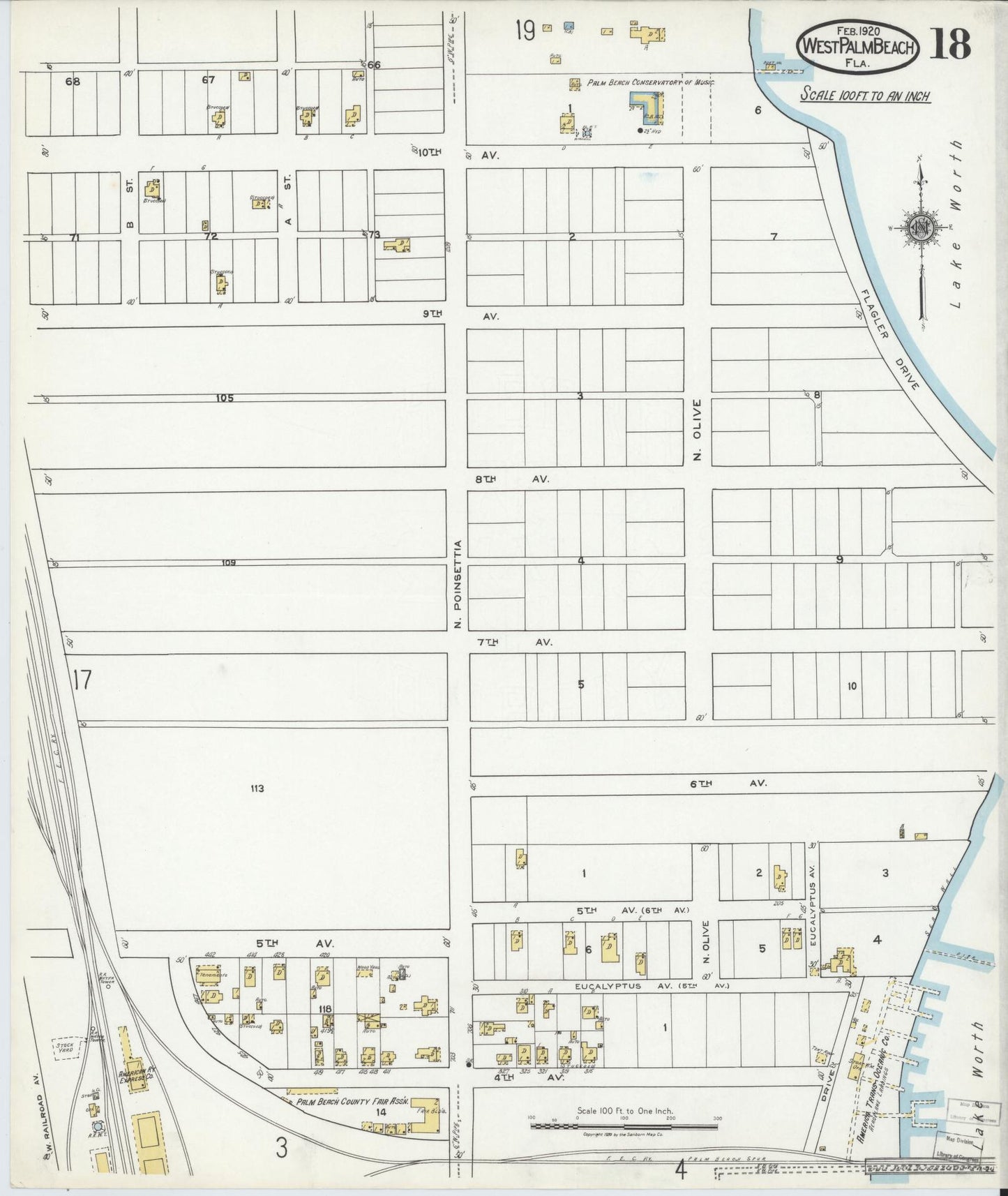 Sanborn Fire Insurance Map from West Palm Beach, Dade County, Florida (1920), Sheet #0018 - Complete Map Set gallery image, historic Sanborn map, vintage wall art, Florida Florida