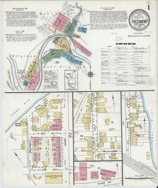 Sanborn Fire Insurance Map from Piedmont, Mineral County, West Virginia (1920), Sheet #0001 - Historic Sanborn Fire Insurance Map Print, vintage old map wall art, antique decor, genealogy gift, West Virginia West Virginia map