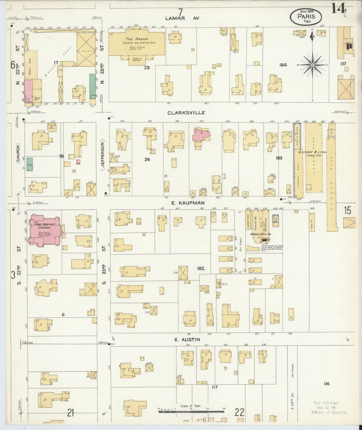 Sanborn Fire Insurance Map from Paris, Lamar County, Texas (1908), Sheet #0014 - Complete Map Set gallery image, historic Sanborn map, vintage wall art, Texas Texas