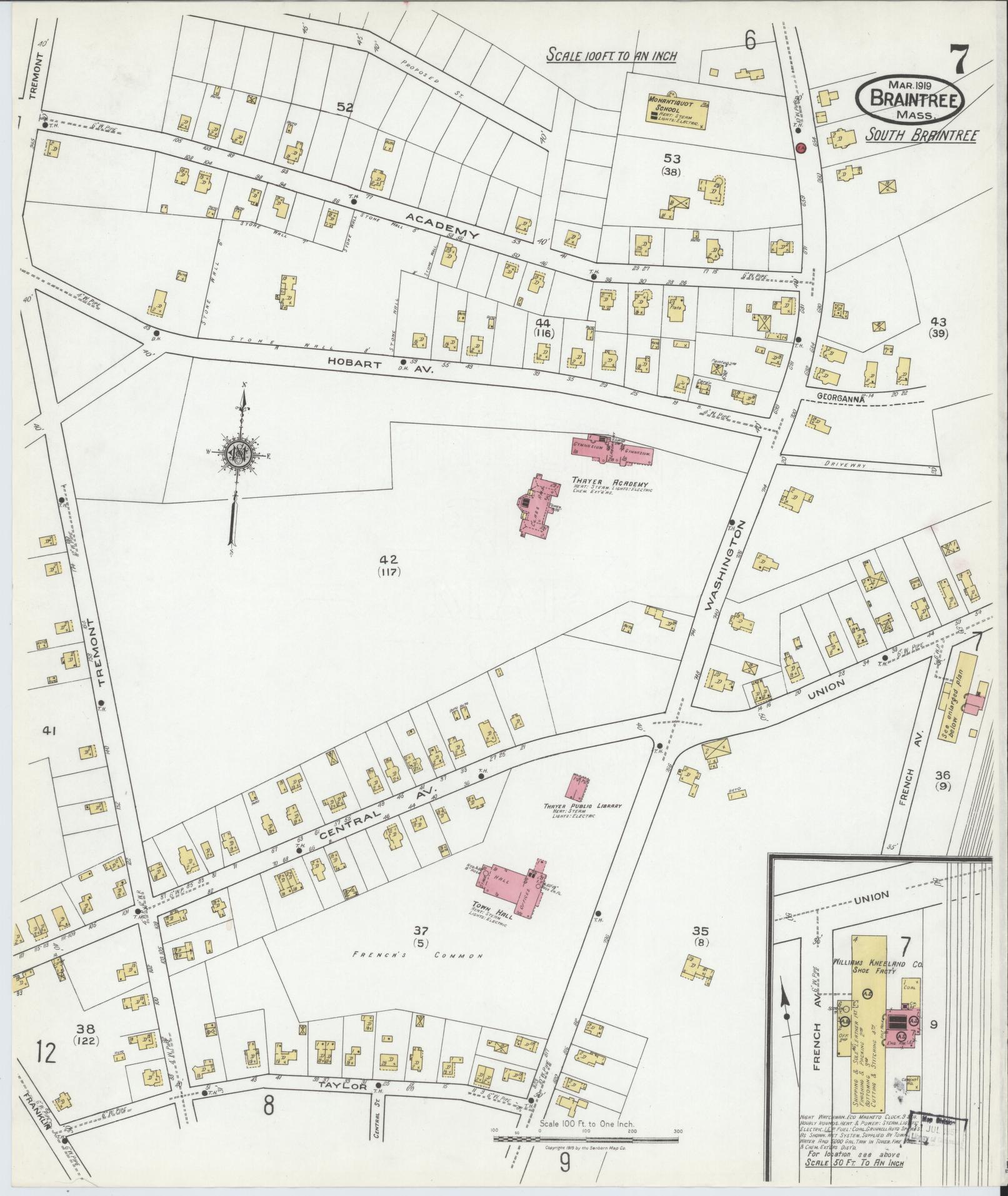Sanborn Fire Insurance Map from Braintree, Norfolk County, Massachusetts (1919), Sheet #0007 - Historic Sanborn Fire Insurance Map Print, vintage old map wall art, antique decor, genealogy gift, Massachusetts Massachusetts map