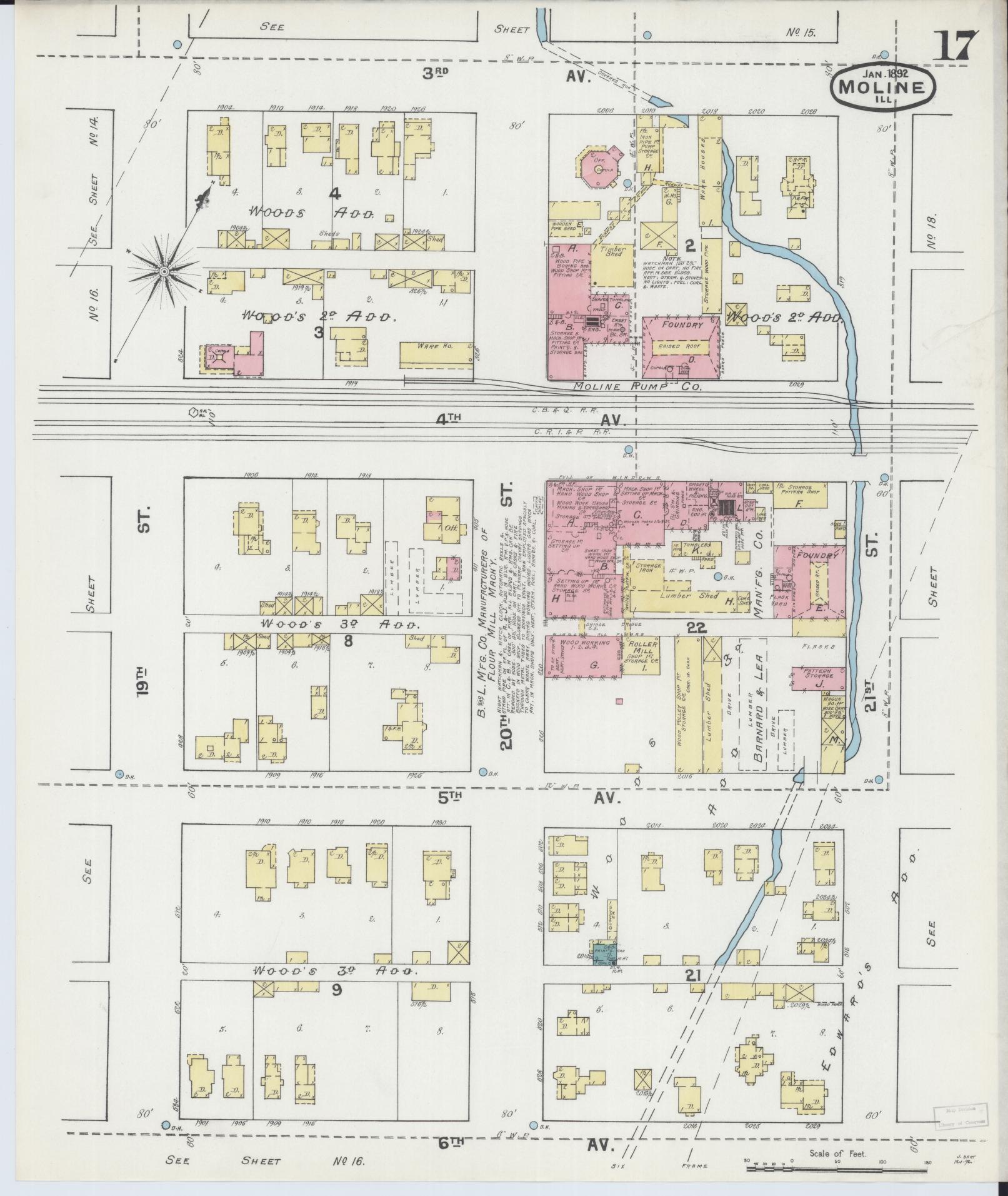 Sanborn Fire Insurance Map from Moline, Rock Island County, Illinois (1892), Sheet #0017 - Complete Map Set gallery image, historic Sanborn map, vintage wall art, Illinois Illinois