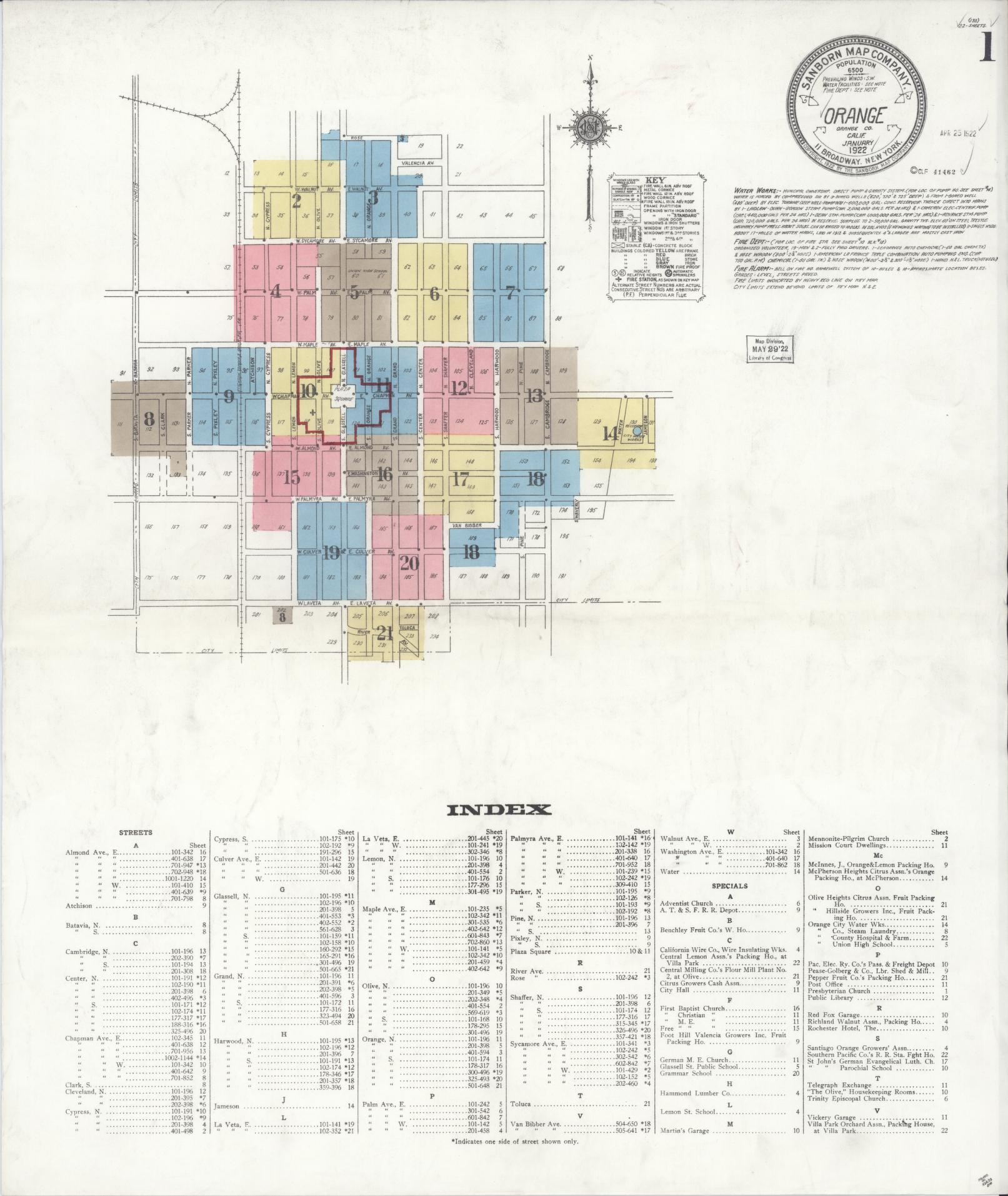Sanborn Fire Insurance Map from Orange, Orange County, California (1922), Sheet #0001 - Complete Map Set gallery image, historic Sanborn map, vintage wall art, California California
