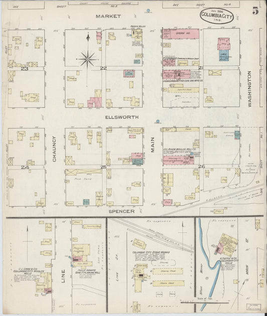 Sanborn Fire Insurance Map from Columbia City, Whitley County, Indiana (1886), Sheet #0005 - Historic Sanborn Fire Insurance Map Print, vintage old map wall art, antique decor, genealogy gift, Indiana Indiana map