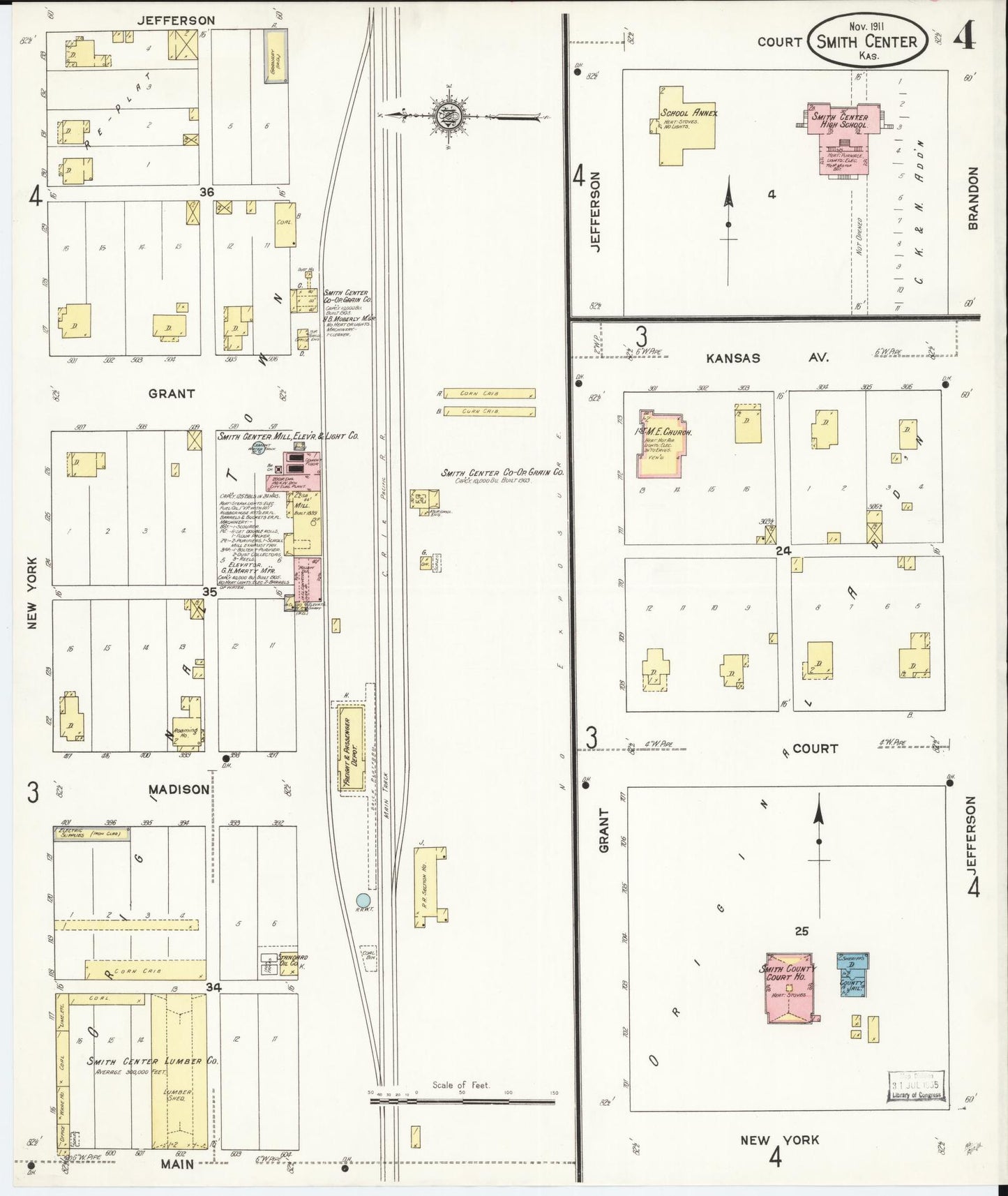 Sanborn Fire Insurance Map from Smith Center, Smith County, Kansas (1911), Sheet #0004 - Historic Sanborn Fire Insurance Map Print, vintage old map wall art, antique decor, genealogy gift, Kansas Kansas map