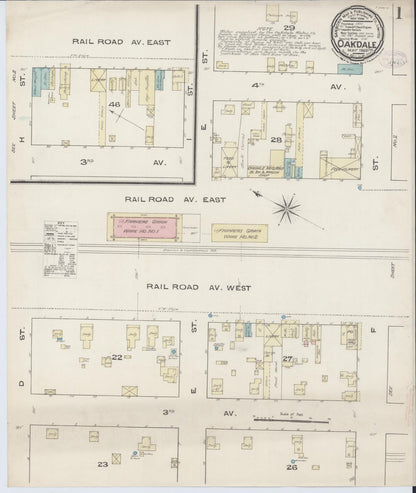 Sanborn Fire Insurance Map from Oakdale, Stanislaus County, California (1885), Sheet #0001 - Complete Map Set gallery image, historic Sanborn map, vintage wall art, California California