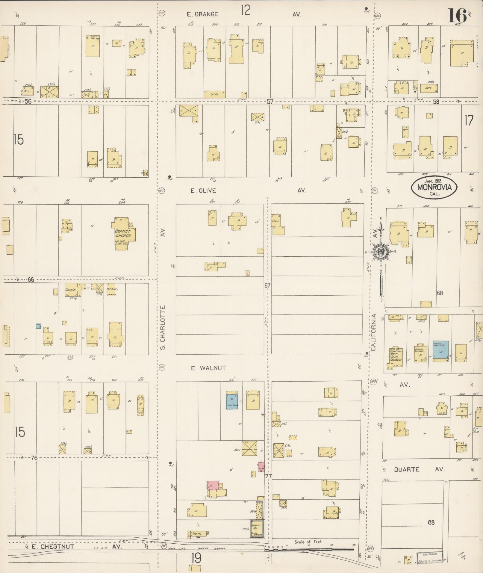 Sanborn Fire Insurance Map from Monrovia, Los Angeles County, California (1913), Sheet #0016 - Historic Sanborn Fire Insurance Map Print, vintage old map wall art, antique decor, genealogy gift, California California map