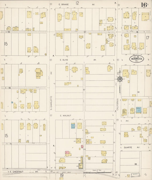Sanborn Fire Insurance Map from Monrovia, Los Angeles County, California (1913), Sheet #0016 - Historic Sanborn Fire Insurance Map Print, vintage old map wall art, antique decor, genealogy gift, California California map