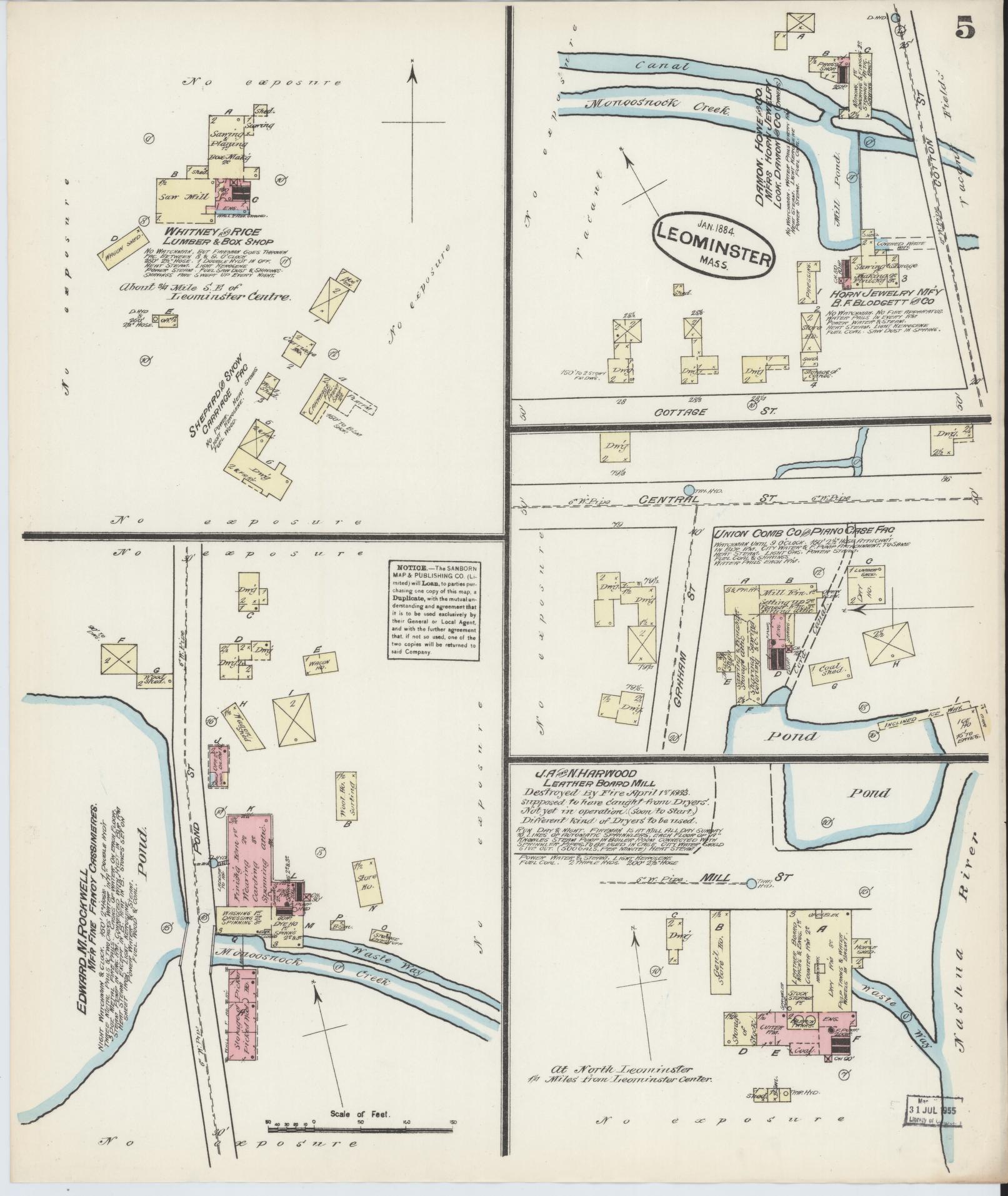 Sanborn Fire Insurance Map from Leominster, Worcester County, Massachusetts (1884), Sheet #0005 - Historic Sanborn Fire Insurance Map Print, vintage old map wall art, antique decor, genealogy gift, Massachusetts Massachusetts map