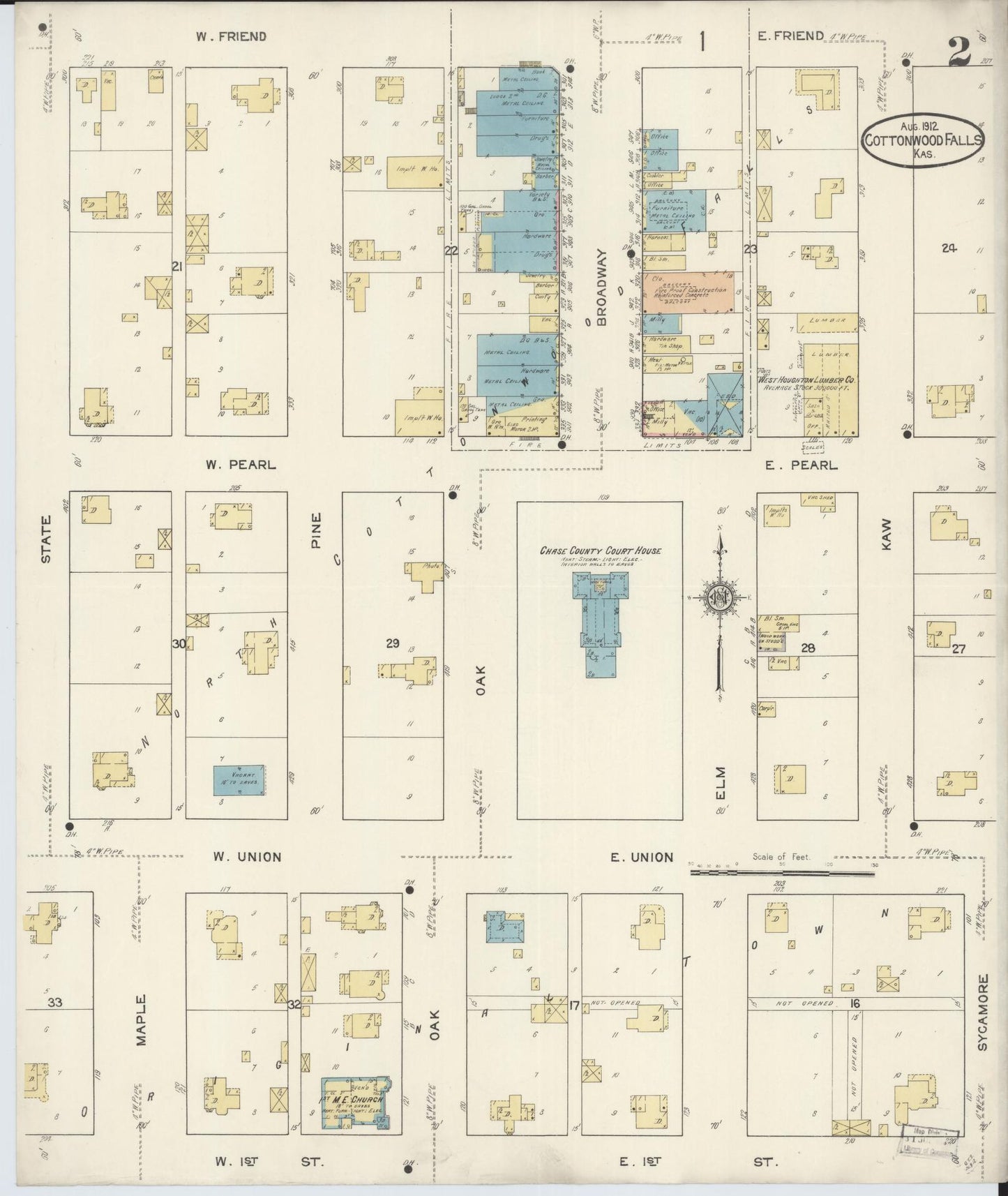 Sanborn Fire Insurance Map from Cottonwood Falls, Chase County, Kansas (1912), Sheet #0002 - Historic Sanborn Fire Insurance Map Print, vintage old map wall art, antique decor, genealogy gift, Kansas Kansas map