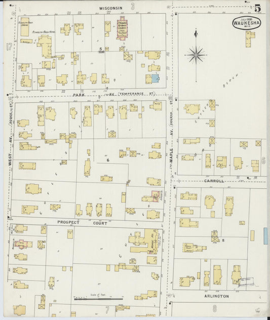 Sanborn Fire Insurance Map from Waukesha, Waukesha County, Wisconsin (1895), Sheet #0005 - Historic Sanborn Fire Insurance Map Print, vintage old map wall art, antique decor, genealogy gift, Wisconsin Wisconsin map